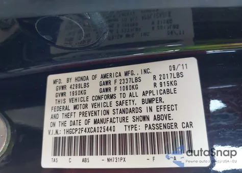 2012 Honda Accord 2.4 Lx-P z USA, uszkodzony, nr VIN 1HGCP2F4XCA025440